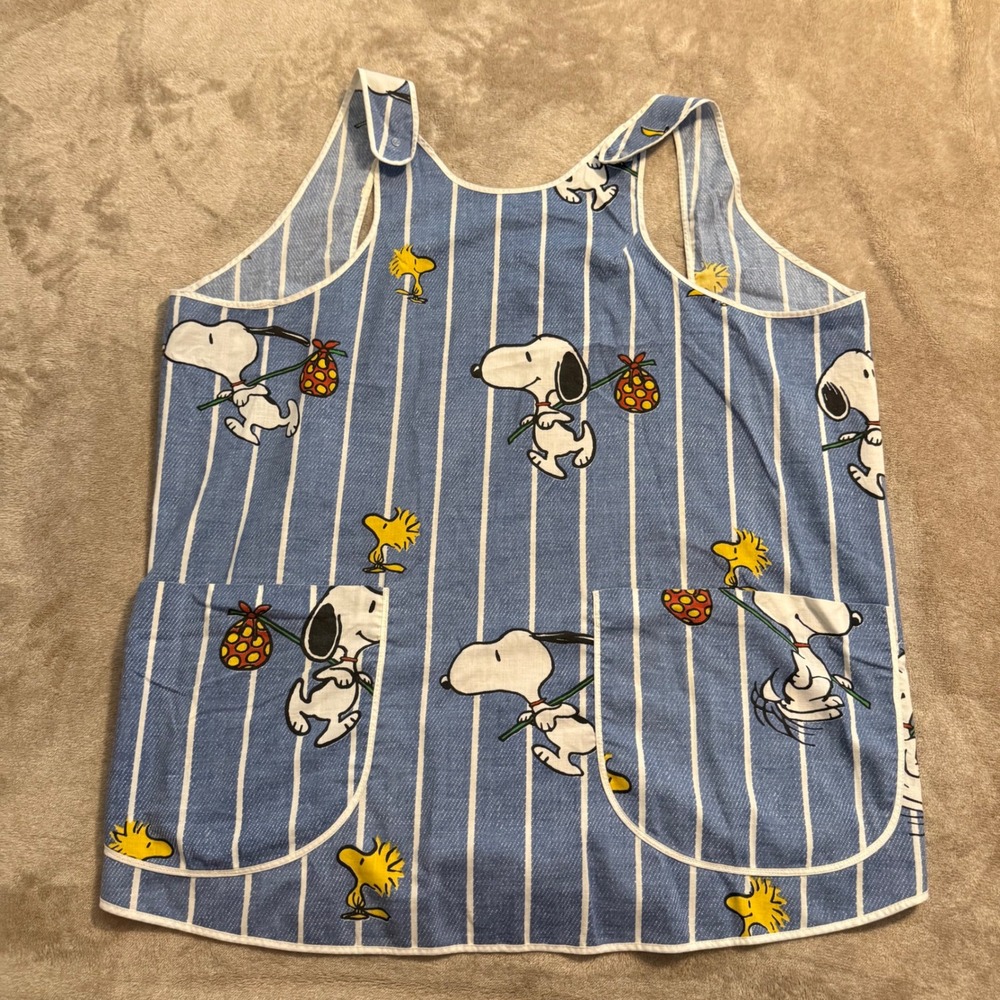 Vintage Snoopy Woodstock Peanuts Blue Striped Cobbler Apron Snap Pockets
